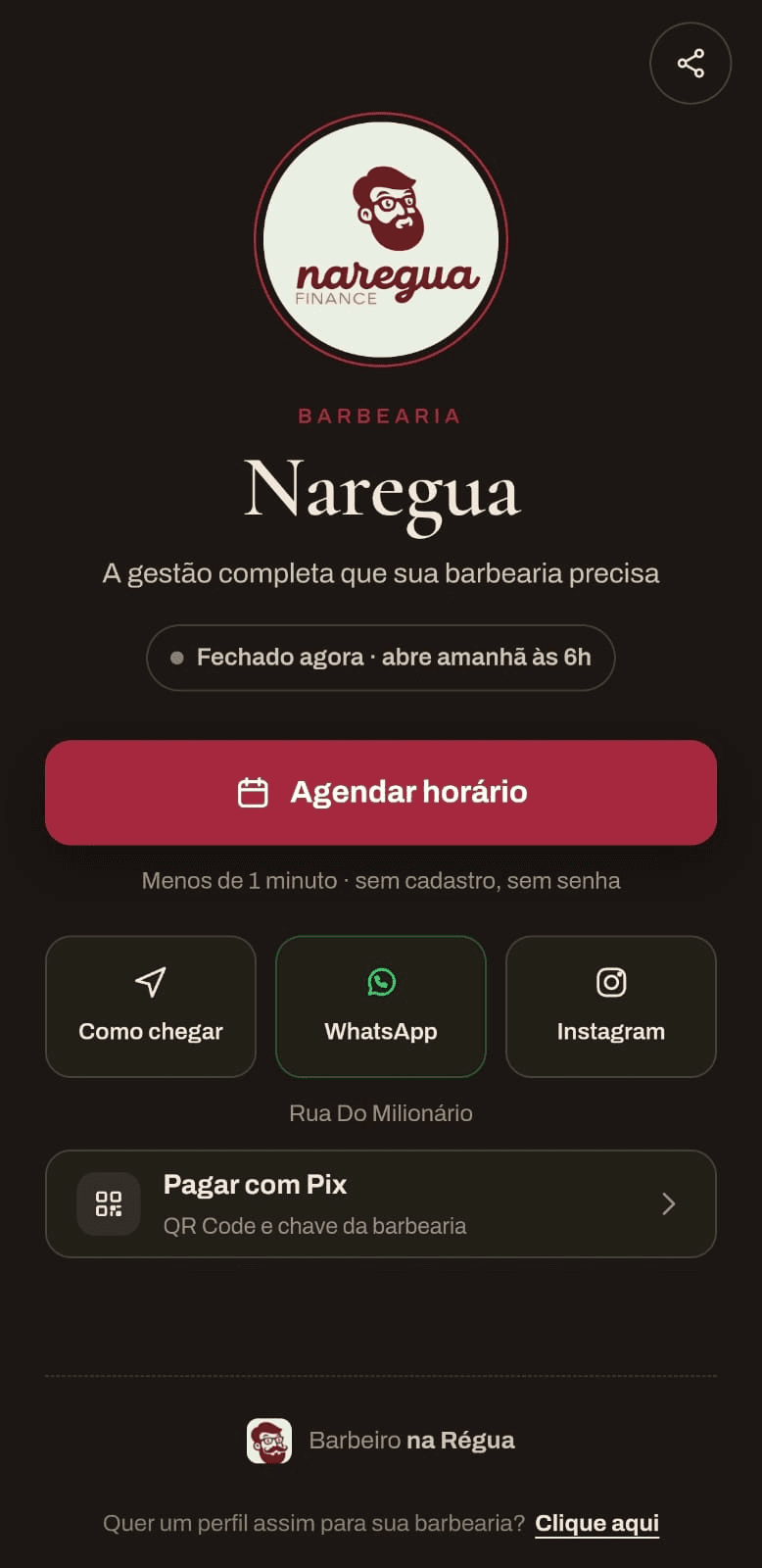 Página pública de agendamento de uma barbearia no NaRégua, com botão Agendar horário, WhatsApp, Instagram e Pix