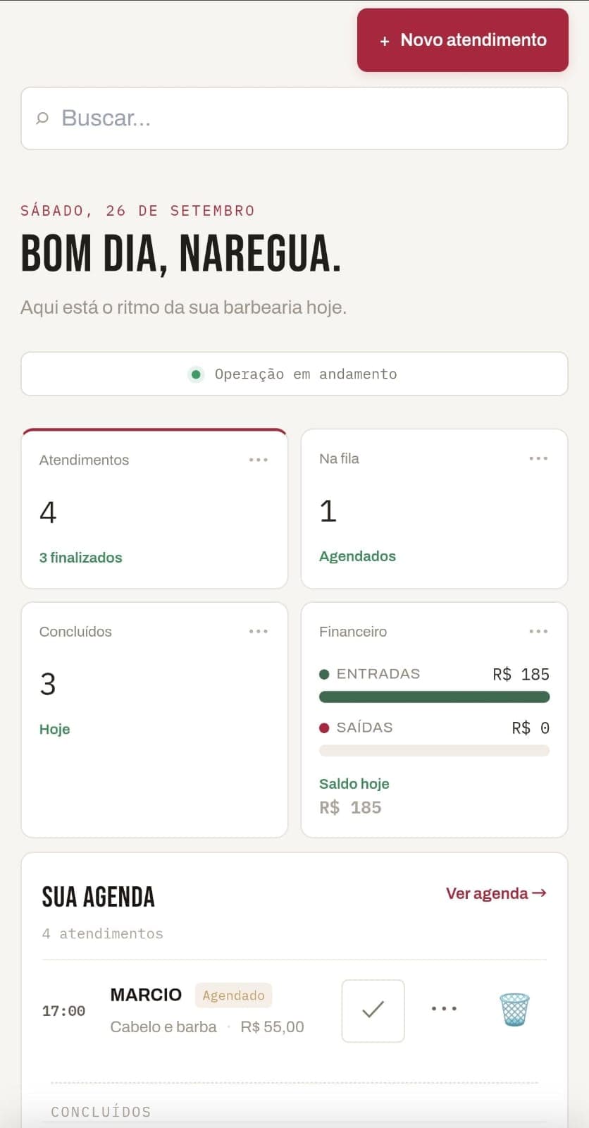 Painel do NaRégua no celular, com atendimentos do dia e resumo financeiro