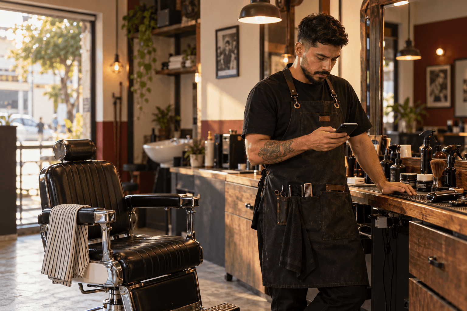 Barbeiro conferindo o celular ao lado da cadeira vazia na barbearia
