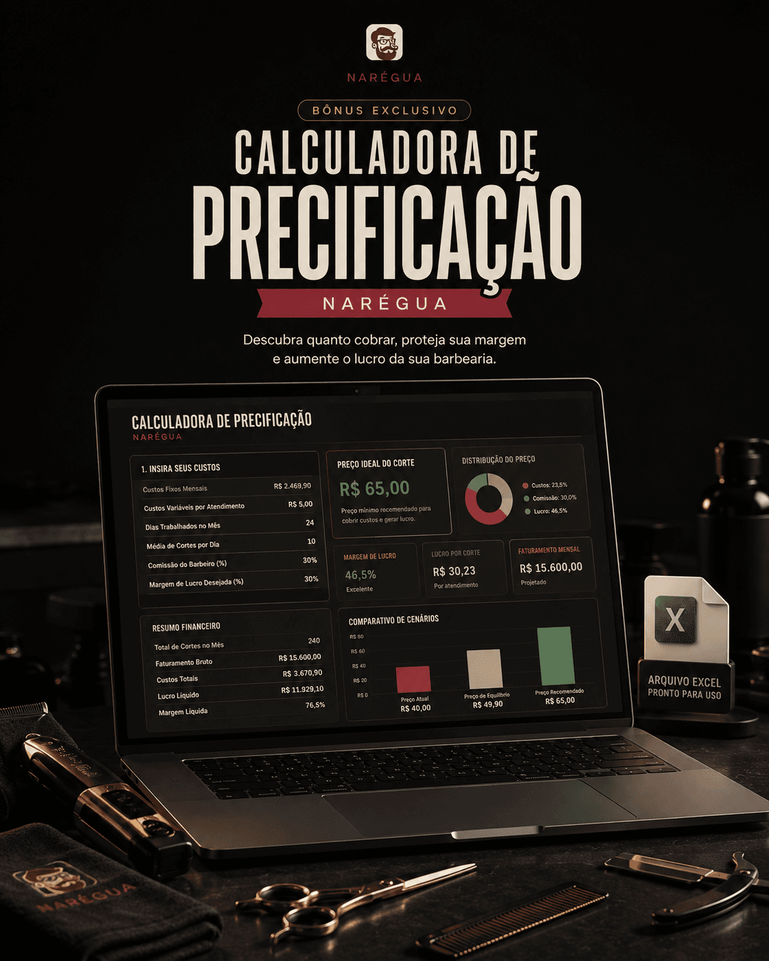 Mockup da Calculadora de Precificação NaRégua aberta em um notebook